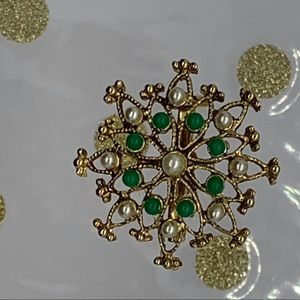 Vintage pearl and green brooch.